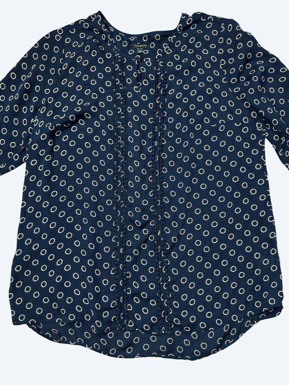 Talbots 100% Silk Navy and White Geometric Print 3/4 Sleeve Blouse Size L - Picture 3 of 8